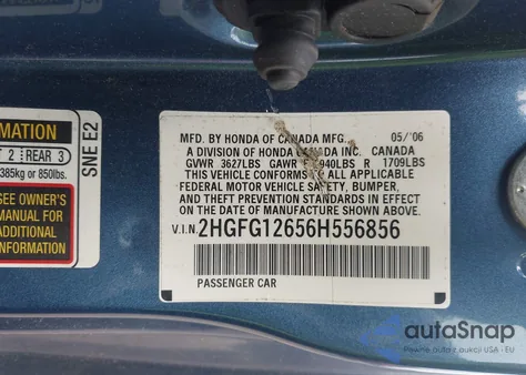 2006 Honda Civic Lx из США, поврежденный, VIN 2HGFG12656H556856